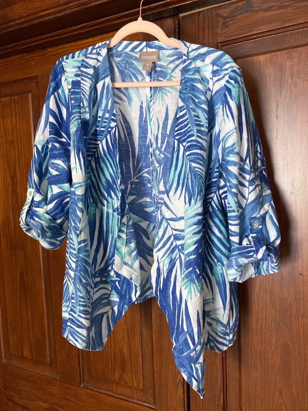 Chico's Blue & White Tropical Leaf Open-Front Linen Draped Jacket
